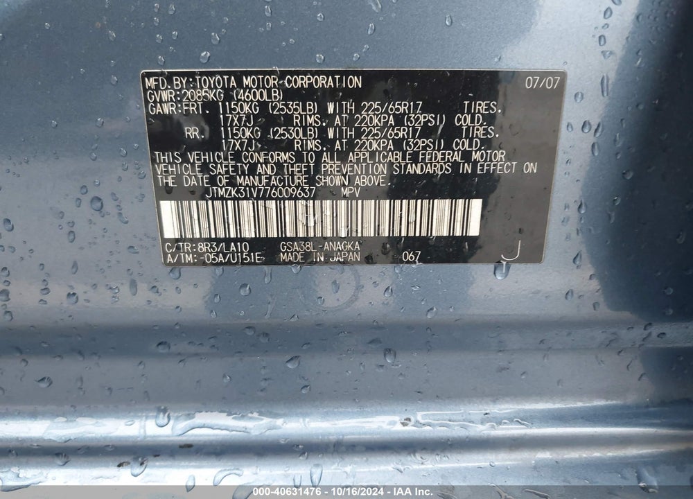 2007 TOYOTA RAV4 LIMITED V6 VIN: JTMZK31V776009637