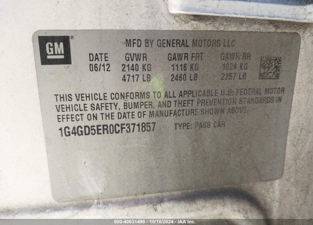 2012 BUICK LACROSSE PREMIUM 1 GROUP VIN: 1G4GD5ER0CF371857