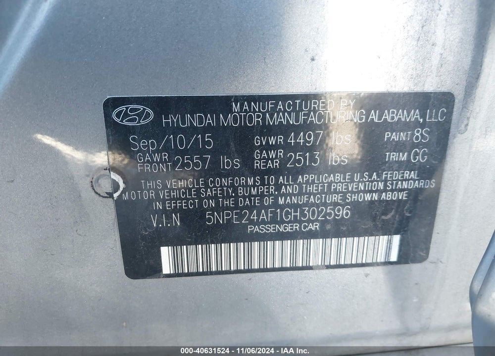 2016 HYUNDAI SONATA VIN: 5NPE24AF1GH302596