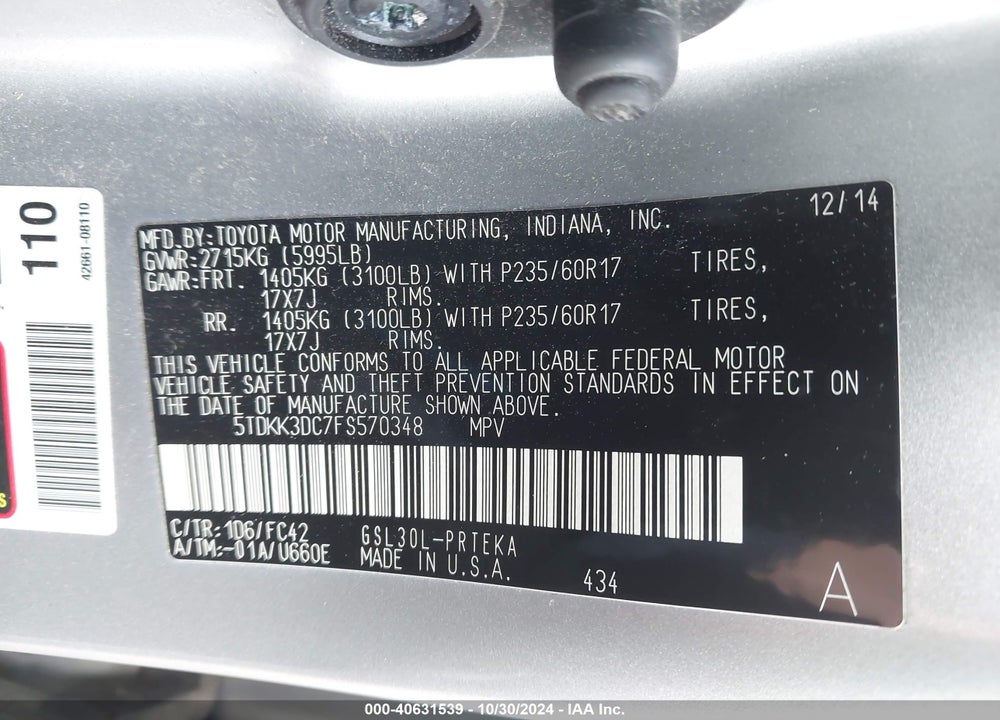 2015 TOYOTA SIENNA LE 8 PASSENGER VIN: 5TDKK3DC7FS570348