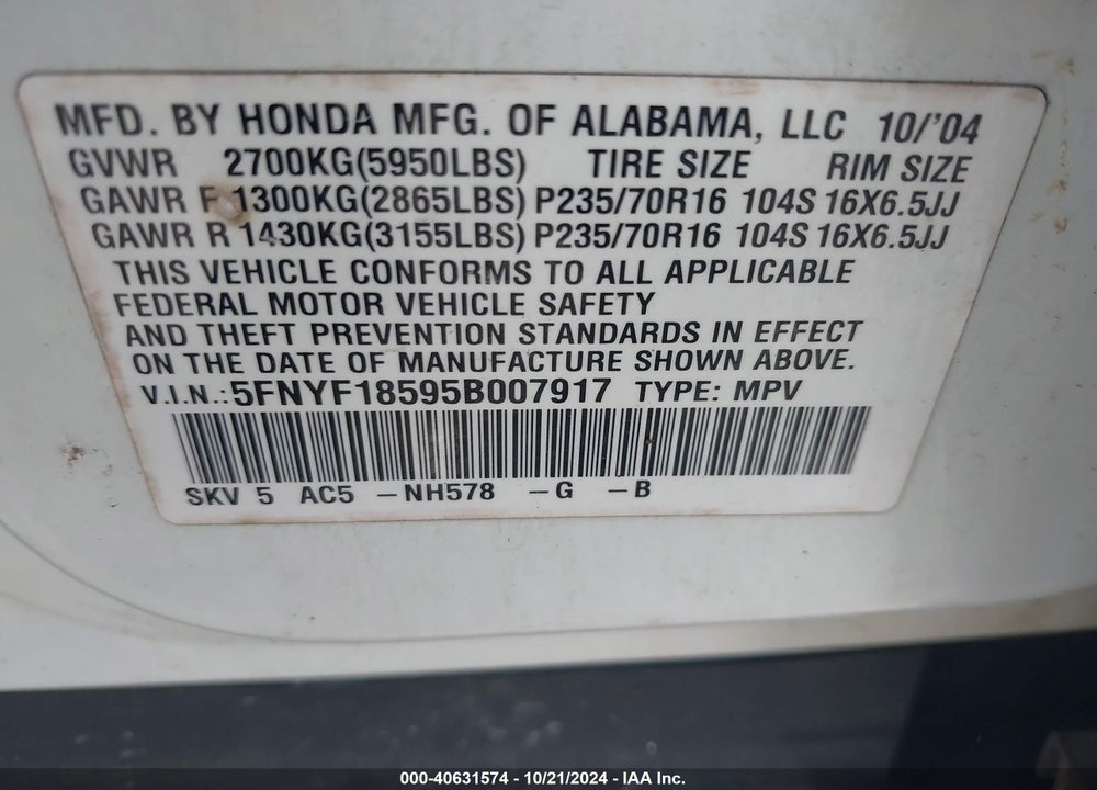 2005 HONDA PILOT EX-L VIN: 5FNYF18595B007917