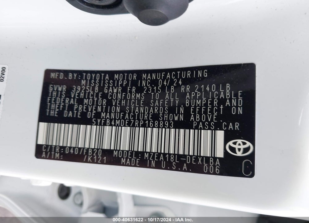 2024 TOYOTA COROLLA LE VIN: 5YFB4MDE7RP168893
