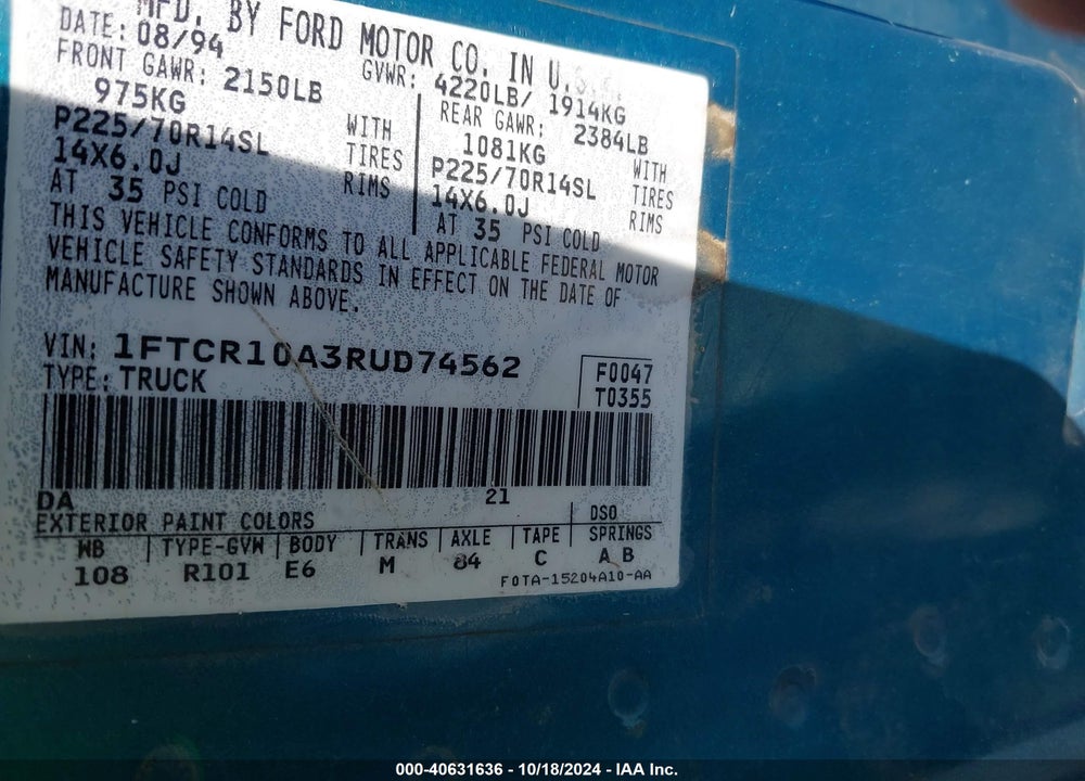 1994 FORD RANGER VIN: 1FTCR10A3RUD74562