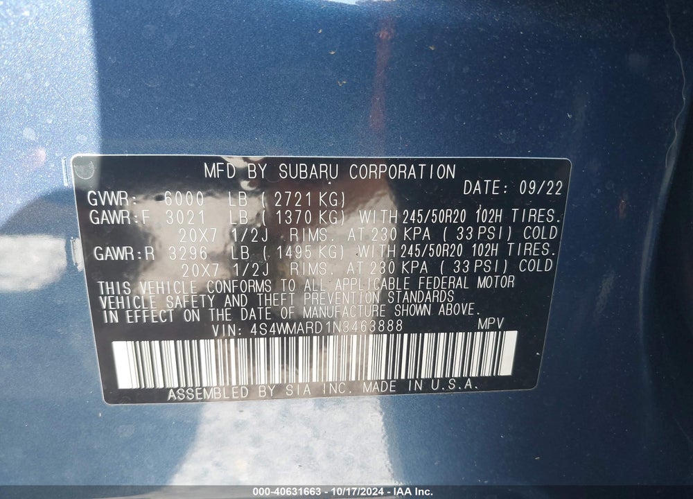 2022 SUBARU ASCENT TOURING VIN: 4S4WMARD1N3463888