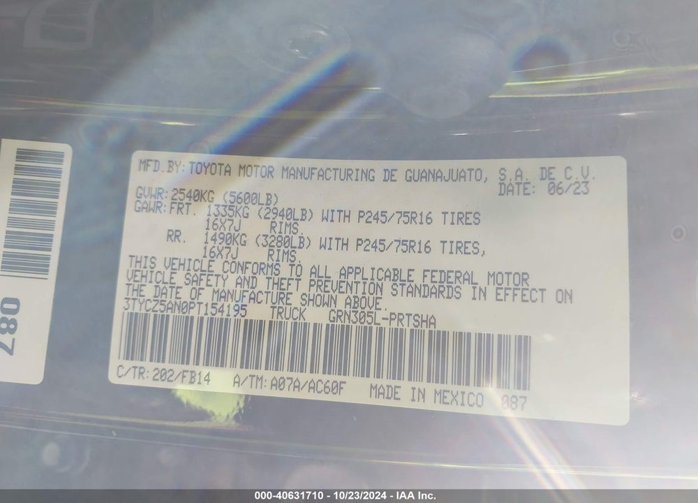 2023 TOYOTA TACOMA SR V6 VIN: 3TYCZ5AN0PT154195
