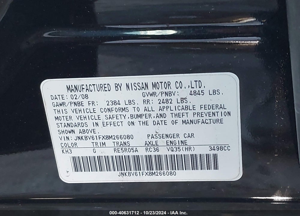 2008 INFINITI G35X VIN: JNKBV61FX8M266080