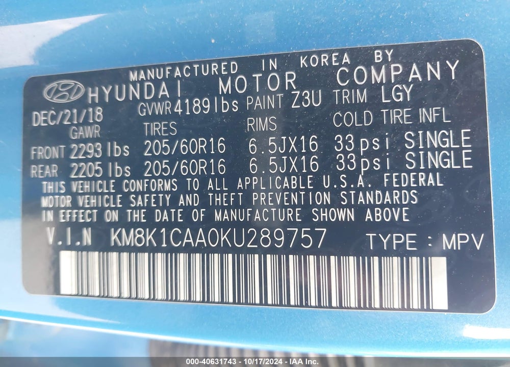 2019 HYUNDAI KONA SE VIN: KM8K1CAA0KU289757