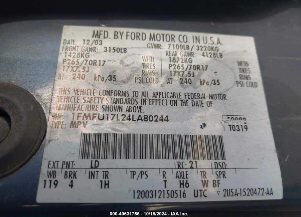 2004 FORD EXPEDITION EDDIE BAUER VIN: 1FMFU17L24LA80244