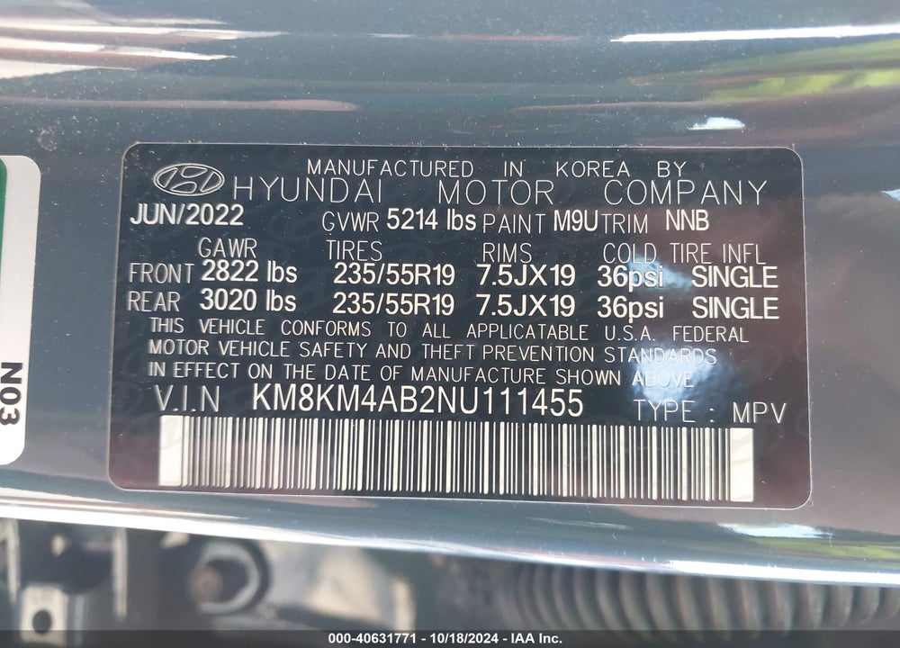 2022 HYUNDAI IONIQ 5 SE STANDARD RANGE VIN: KM8KM4AB2NU111455