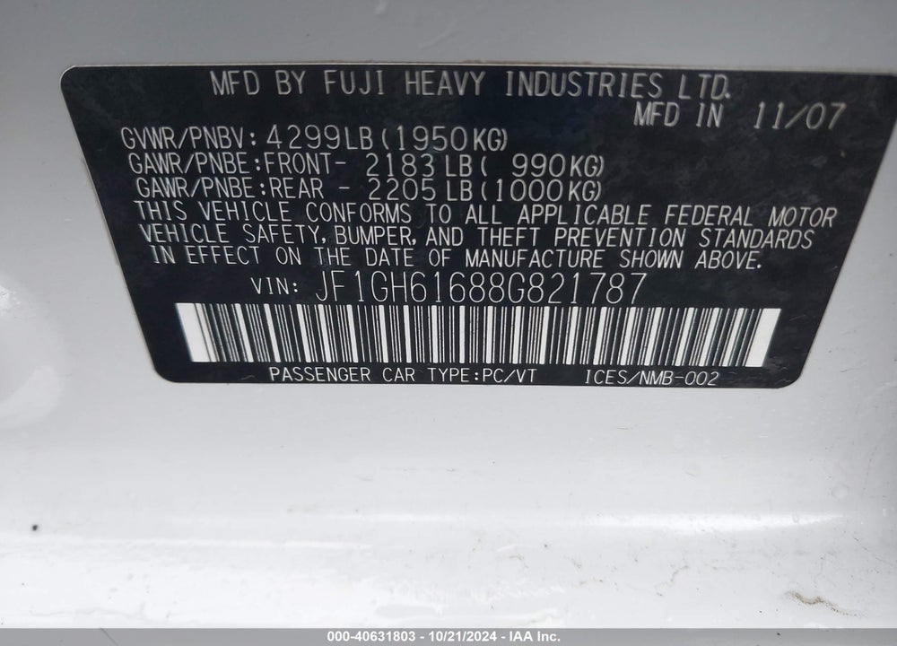 2008 SUBARU IMPREZA 2.5I VIN: JF1GH61688G821787