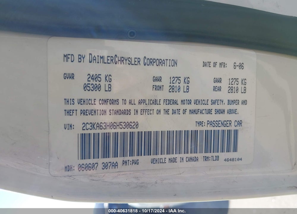 2006 CHRYSLER 300C VIN: 2C3KA63H06H530620