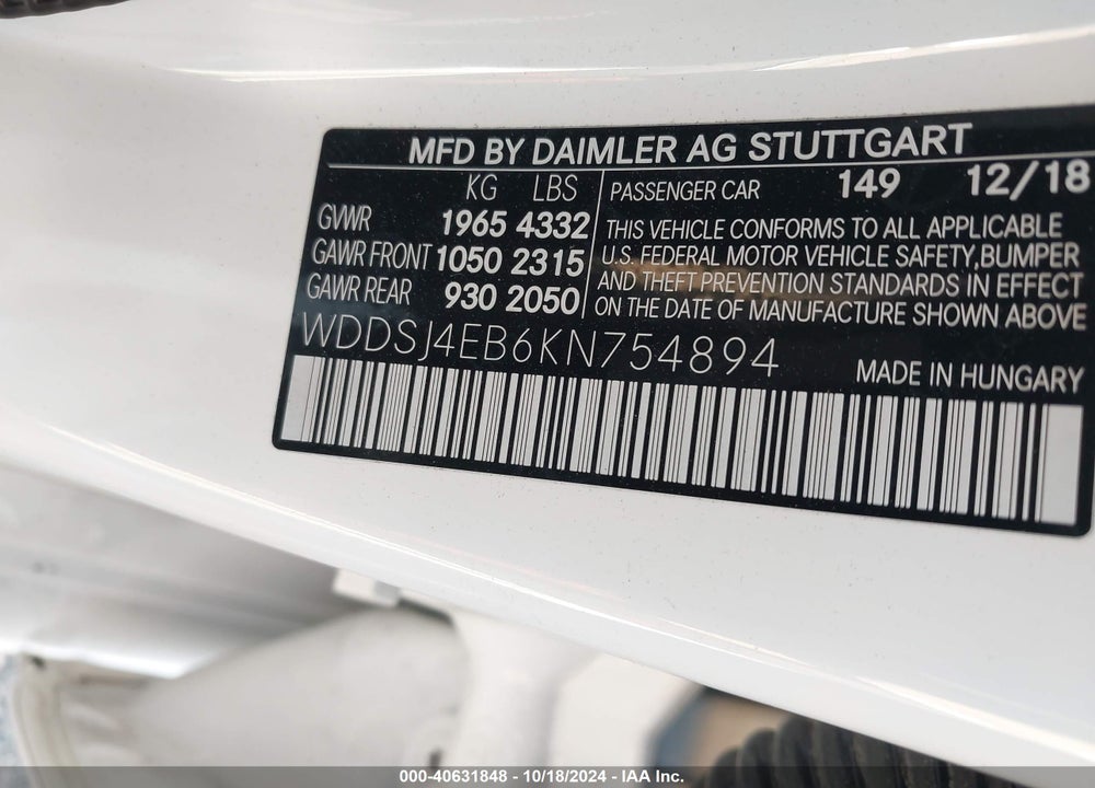 2019 MERCEDES-BENZ CLA 250 VIN: WDDSJ4EB6KN754894
