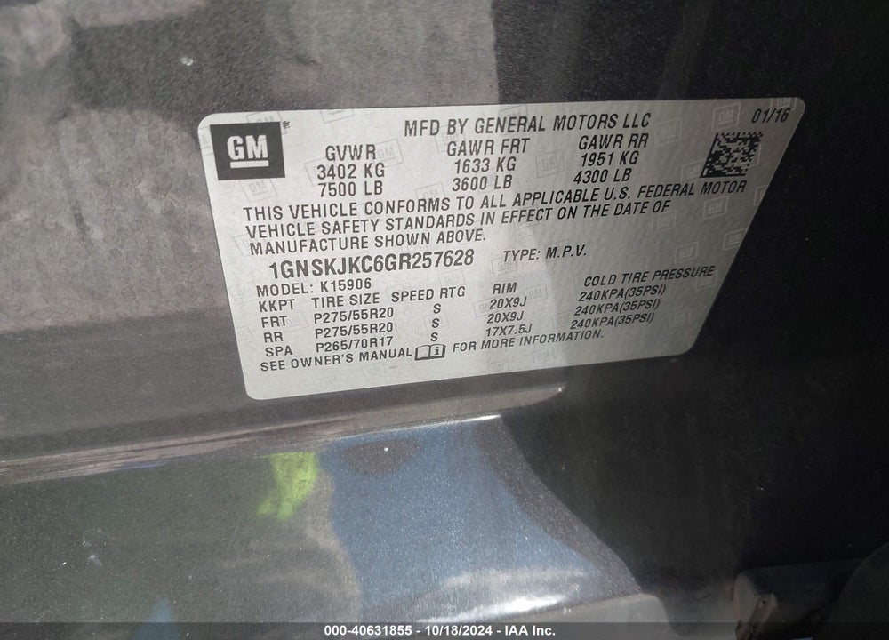 2016 CHEVROLET SUBURBAN LTZ VIN: 1GNSKJKC6GR257628