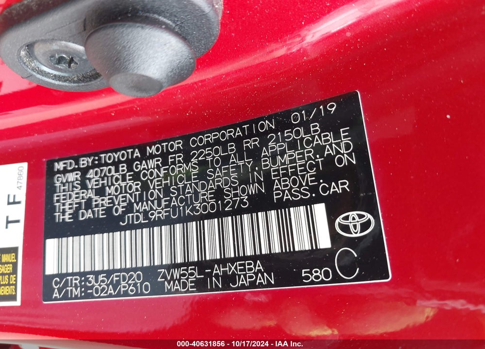 2019 TOYOTA PRIUS LE VIN: JTDL9RFU1K3001273