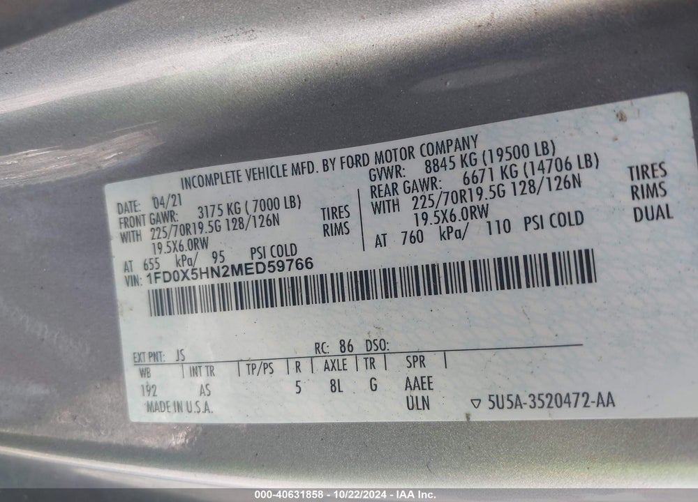 2021 FORD F-550 CHASSIS XL VIN: 1FD0X5HN2MED59766