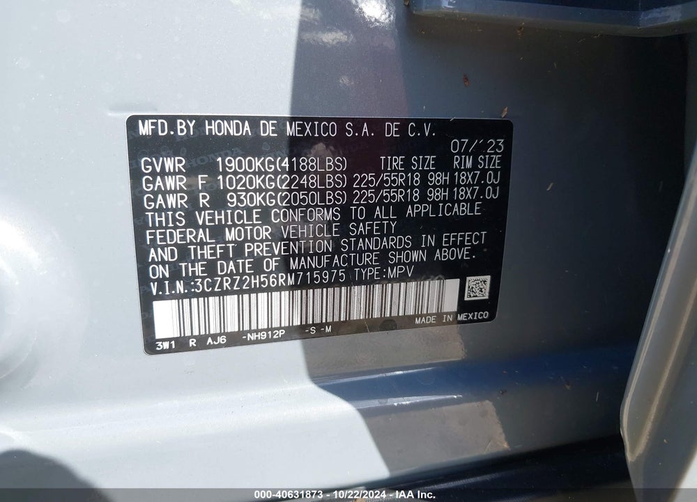 2024 HONDA HR-V AWD SPORT/AWD SPORT W/O BSI VIN: 3CZRZ2H56RM715975