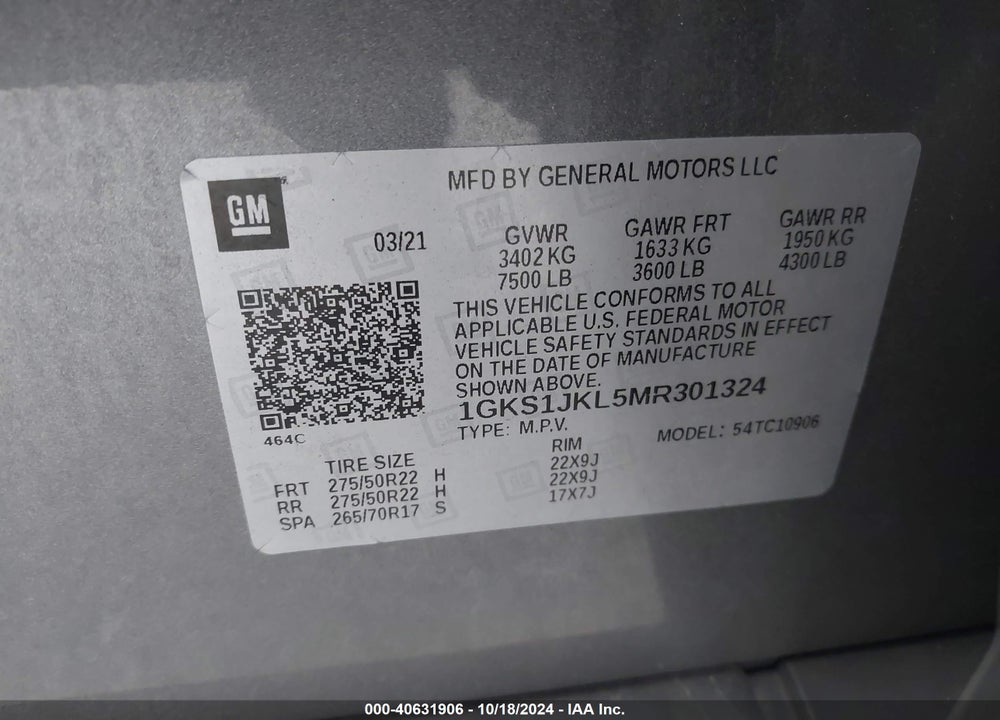 2021 GMC YUKON XL 2WD DENALI VIN: 1GKS1JKL5MR301324