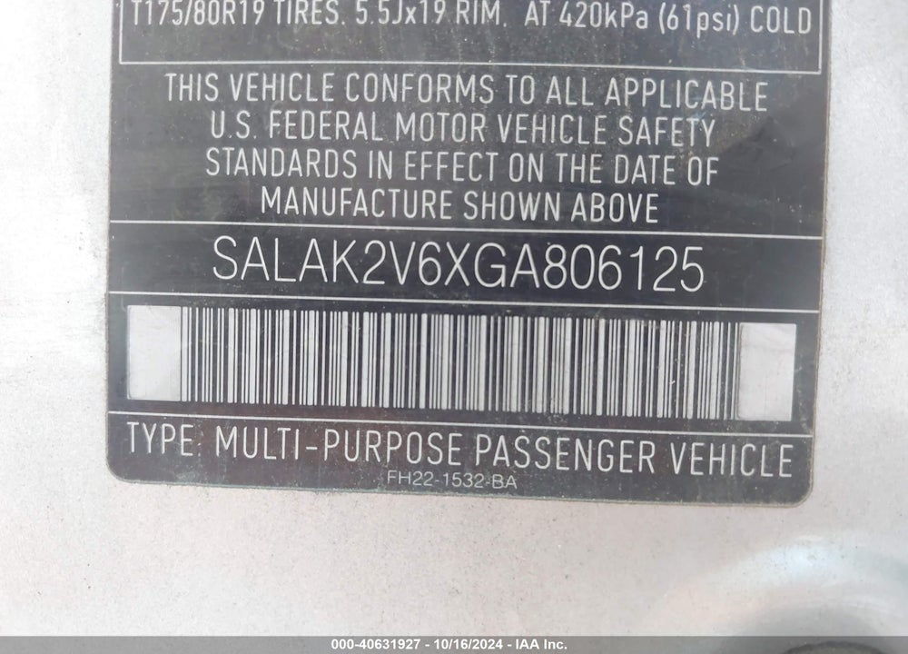 2016 LAND ROVER LR4 VIN: SALAK2V6XGA806125