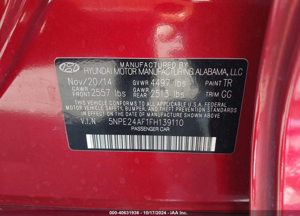 2015 HYUNDAI SONATA SE VIN: 5NPE24AF1FH139110