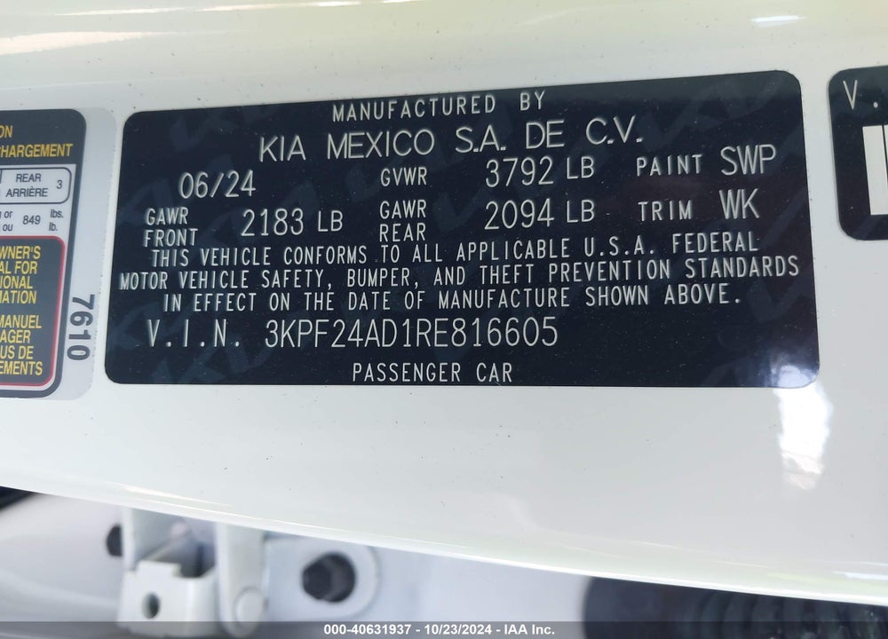 2024 KIA FORTE LXS VIN: 3KPF24AD1RE816605