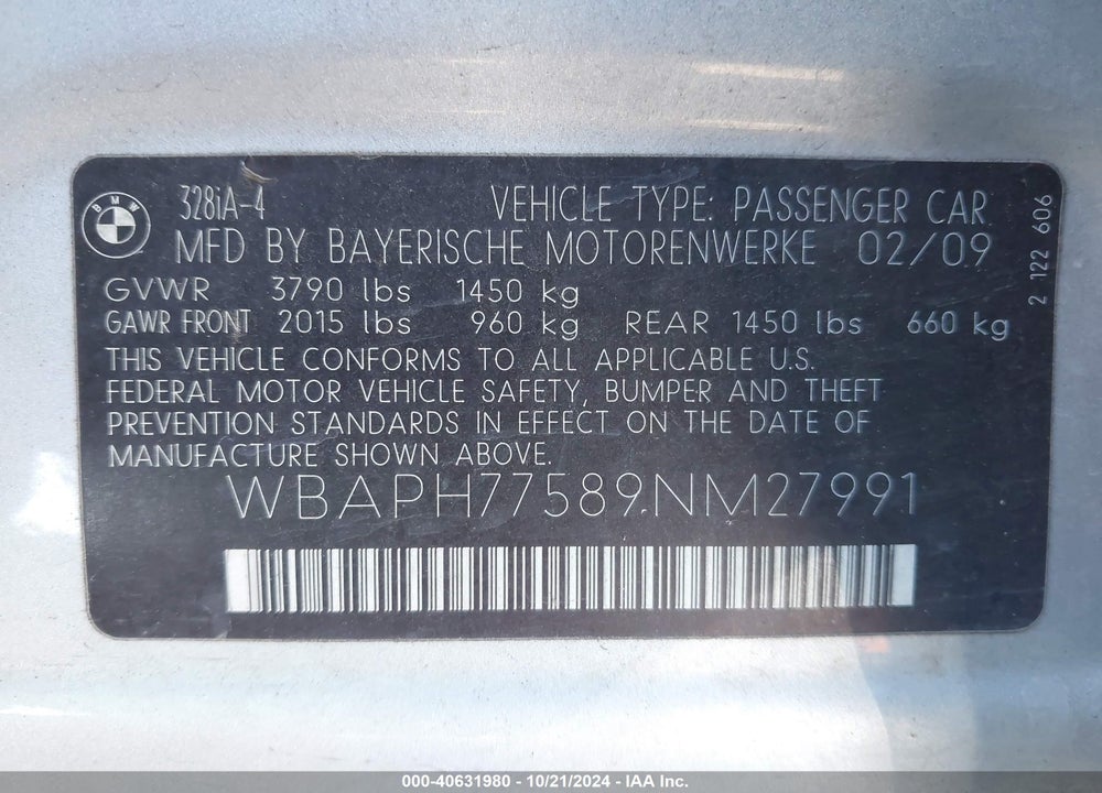 2009 BMW 328I VIN: WBAPH77589NM27991