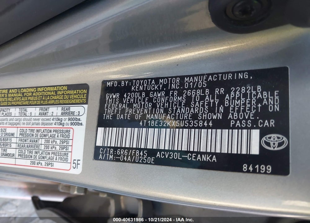 2005 TOYOTA CAMRY LE VIN: 4T1BE32KX5U535844