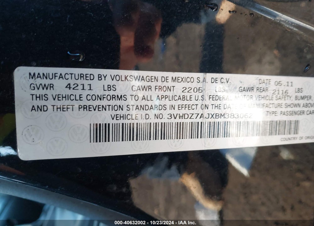 2011 VOLKSWAGEN JETTA 2.5L SE VIN: 3VWDZ7AJXBM383062
