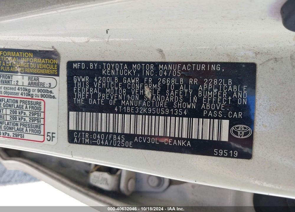 2005 TOYOTA CAMRY LE VIN: 4T1BE32K95U591354