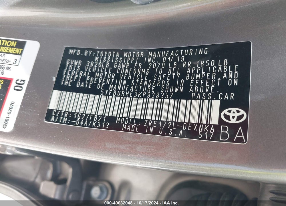 2019 TOYOTA COROLLA LE VIN: 5YFBURHE3KP938357