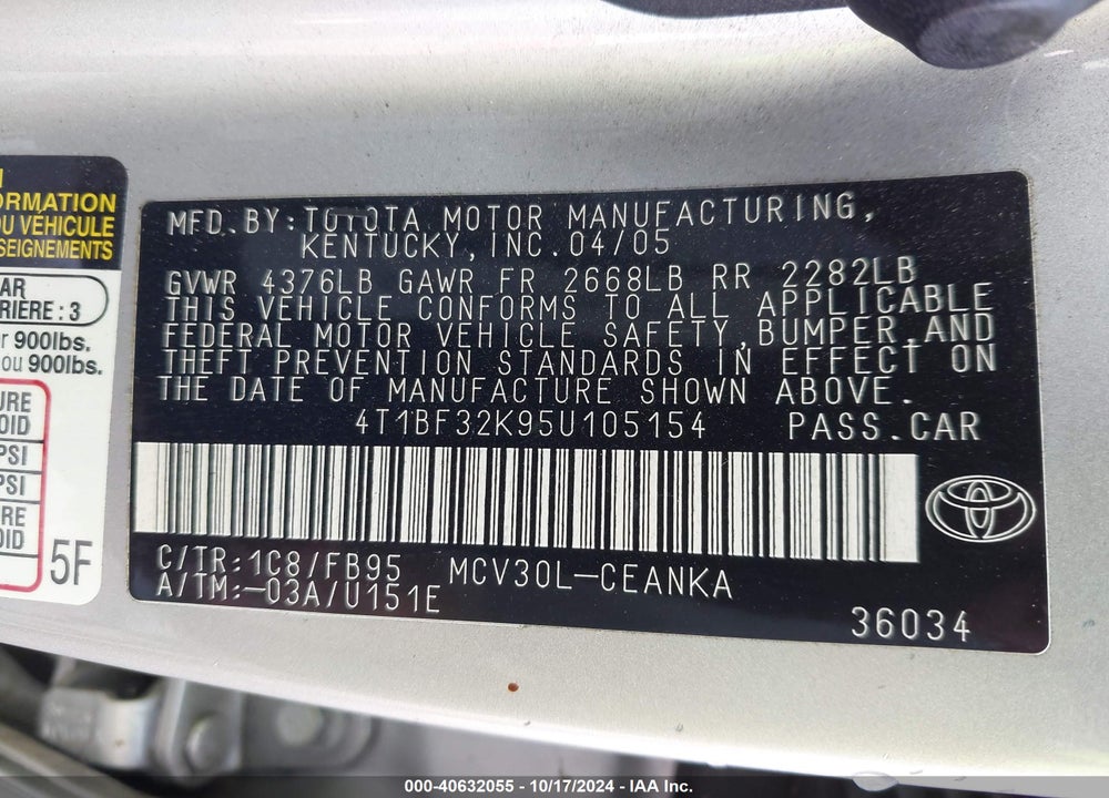 2005 TOYOTA CAMRY LE V6 VIN: 4T1BF32K95U105154