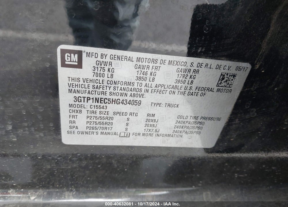 2017 GMC SIERRA 1500 SLT VIN: 3GTP1NEC5HG434059