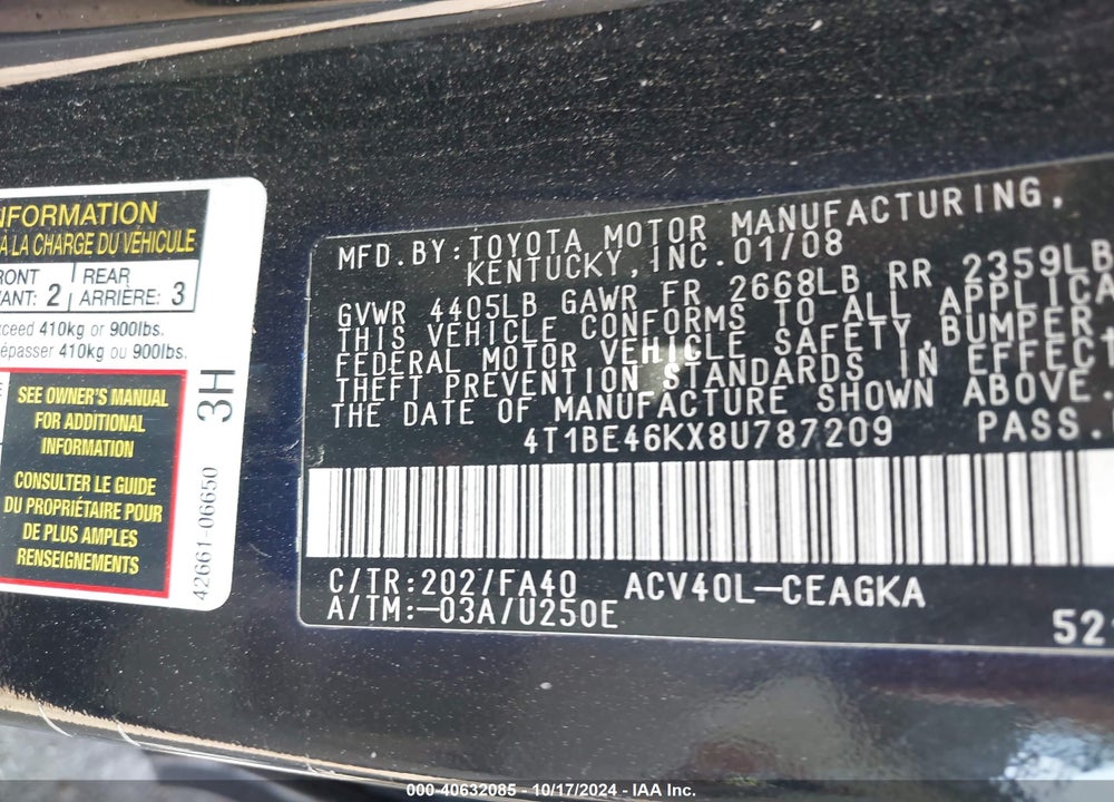 2008 TOYOTA CAMRY XLE VIN: 4T1BE46KX8U787209