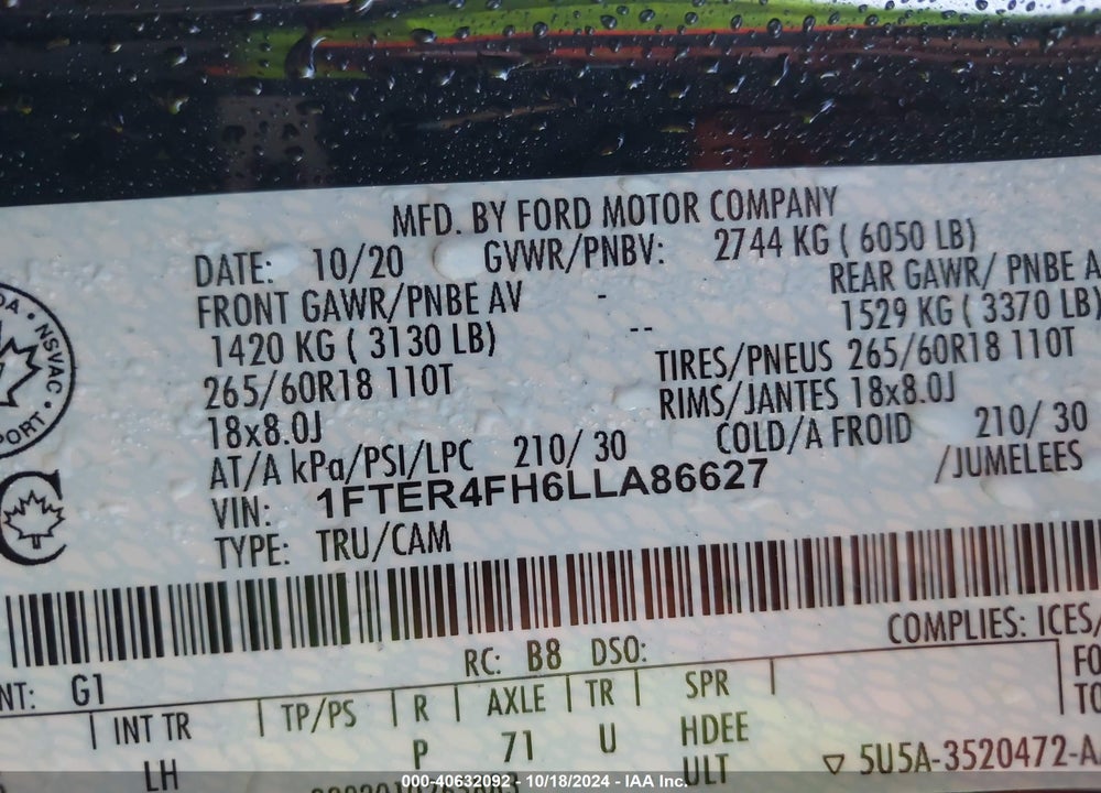 2020 FORD RANGER XLT VIN: 1FTER4FH6LLA86627