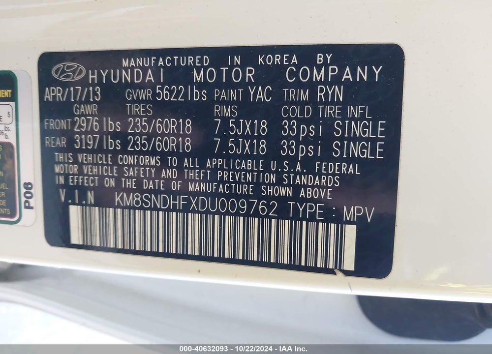2013 HYUNDAI SANTA FE GLS VIN: KM8SNDHFXDU009762