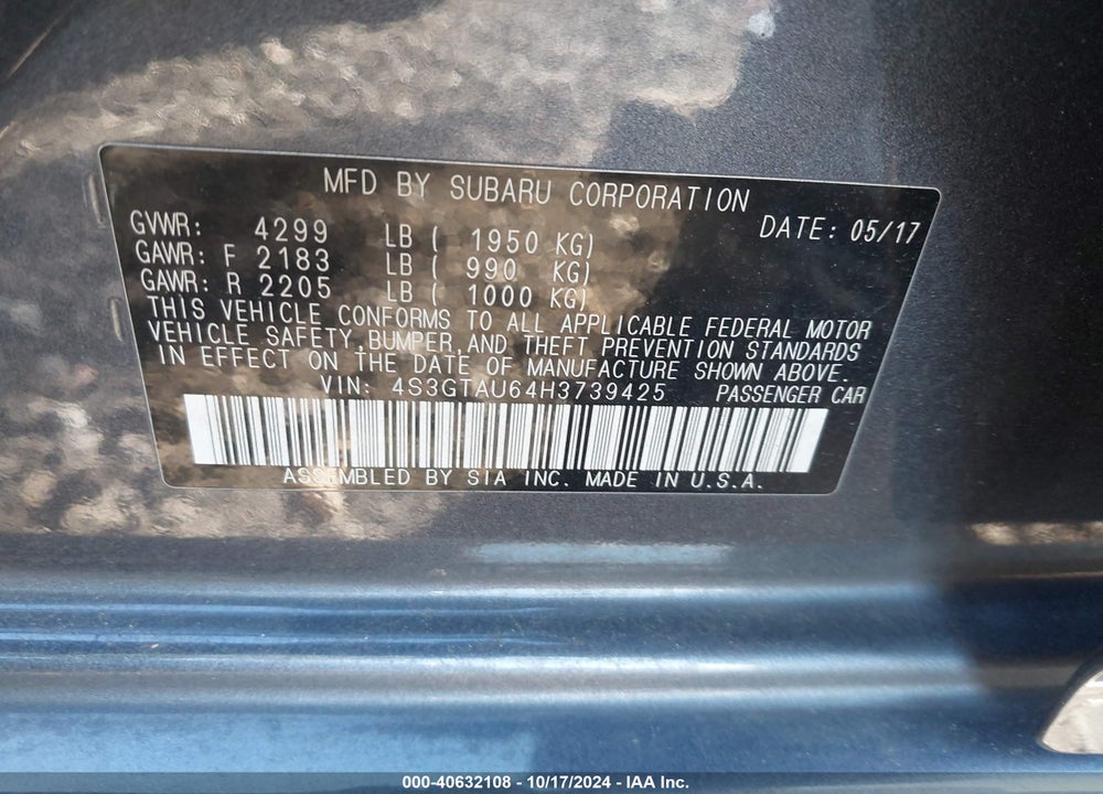 2017 SUBARU IMPREZA 2.0I LIMITED VIN: 4S3GTAU64H3739425