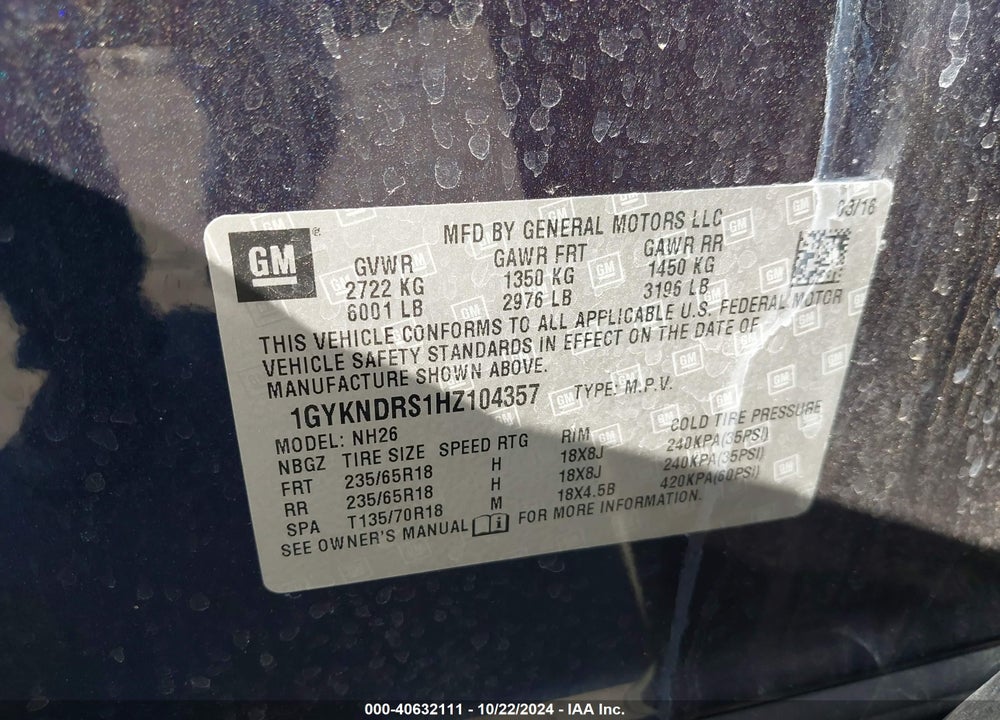 2017 CADILLAC XT5 LUXURY VIN: 1GYKNDRS1HZ104357