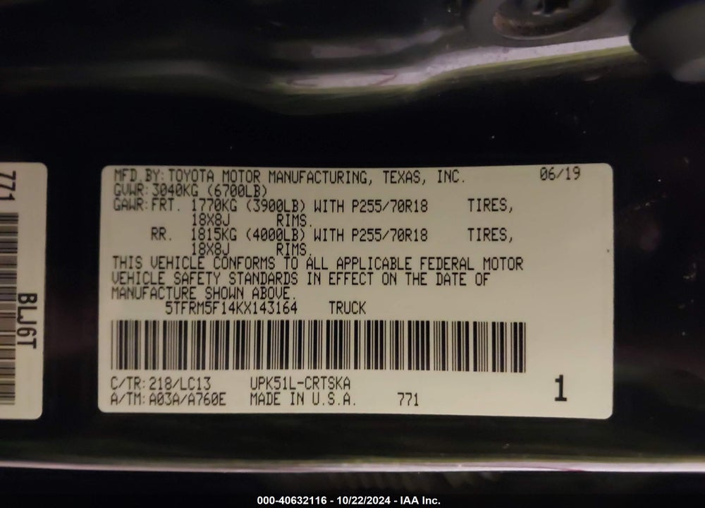2019 TOYOTA TUNDRA SR 4.6L V8 VIN: 5TFRM5F14KX143164