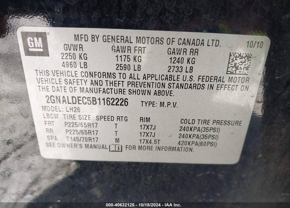 2011 CHEVROLET EQUINOX 1LT VIN: 2GNALDEC5B1162226