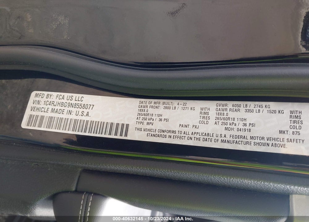 2022 JEEP GRAND CHEROKEE VIN: 1C4RJHBG9N8558077