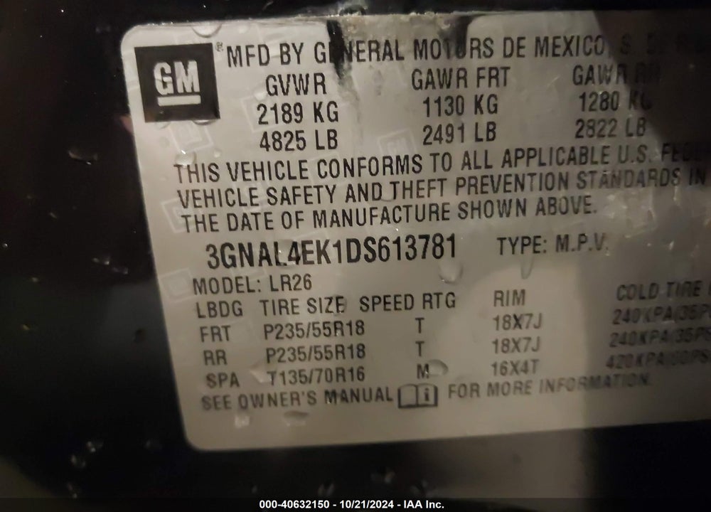 2013 CHEVROLET CAPTIVA SPORT LTZ VIN: 3GNAL4EK1DS613781