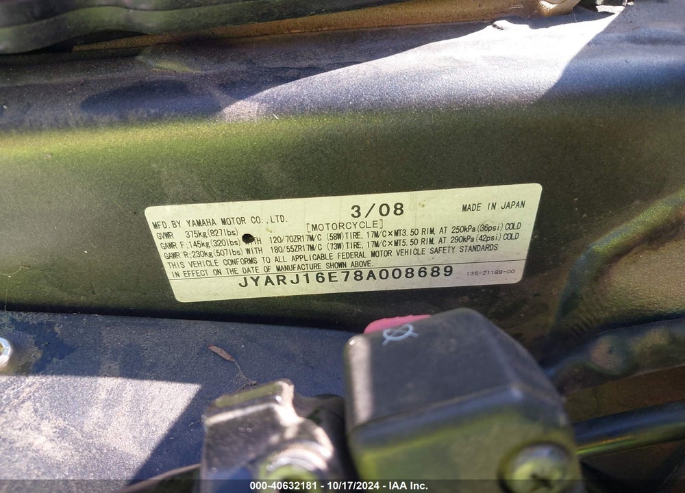 2008 YAMAHA YZFR6 VIN: JYARJ16E78A008689
