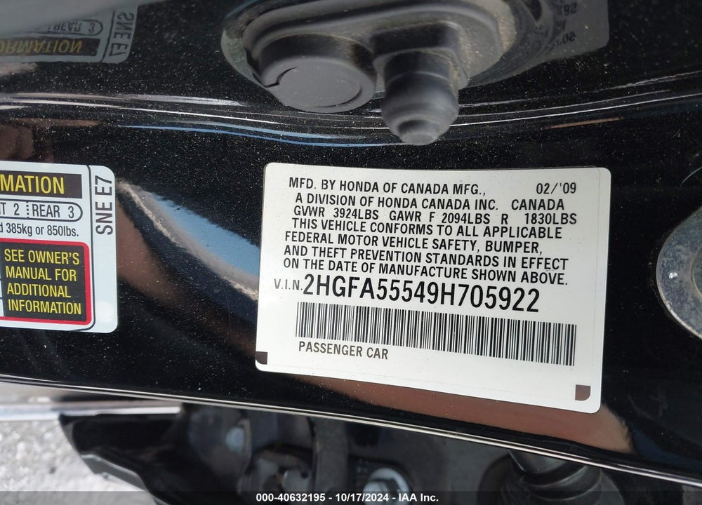 2009 HONDA CIVIC SI VIN: 2HGFA55549H705922