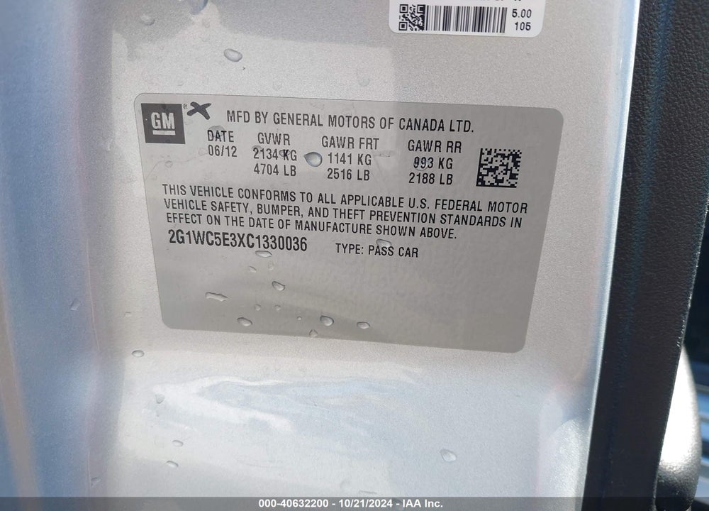 2012 CHEVROLET IMPALA LTZ VIN: 2G1WC5E3XC1330036