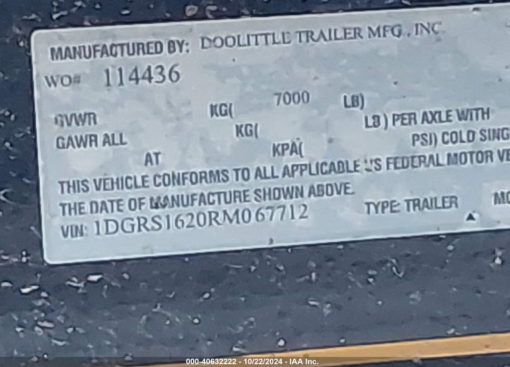 2024 DOOLITTLE UTILITY TRAILER VIN: 1DGRS1620RM067712