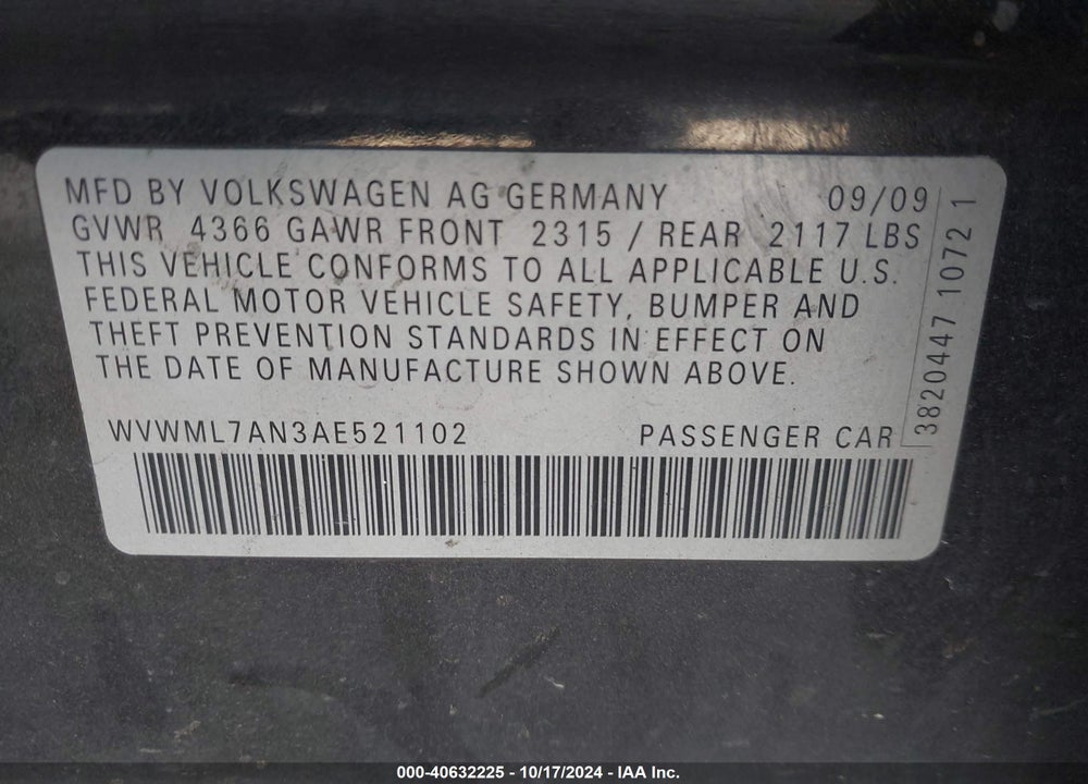 2010 VOLKSWAGEN CC SPORT VIN: WVWML7AN3AE521102