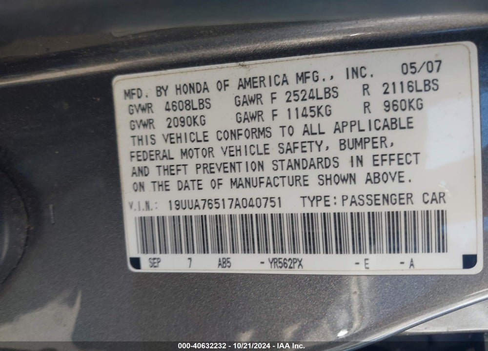 2007 ACURA TL TYPE S VIN: 19UUA76517A040751