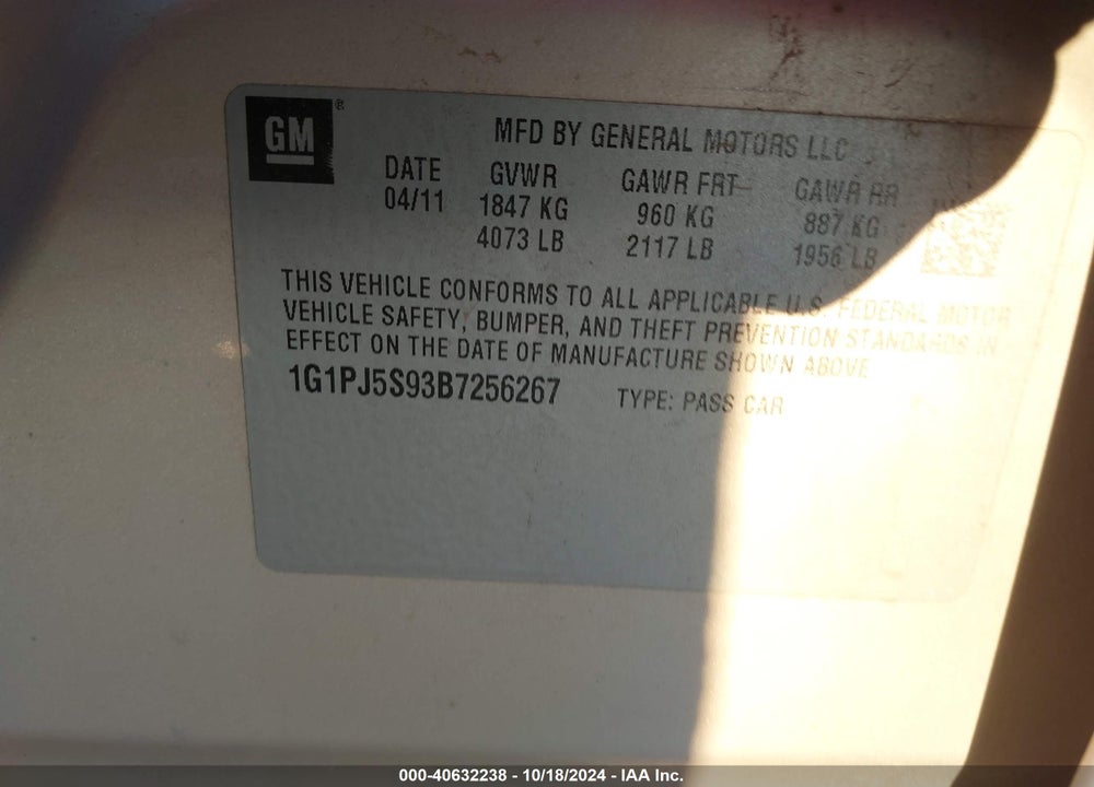 2011 CHEVROLET CRUZE ECO VIN: 1G1PJ5S93B7256267