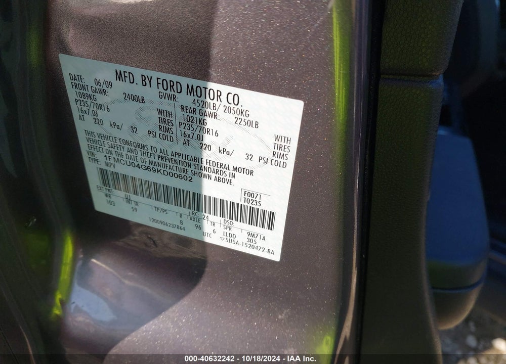 2009 FORD ESCAPE LIMITED VIN: 1FMCU04G69KD00602
