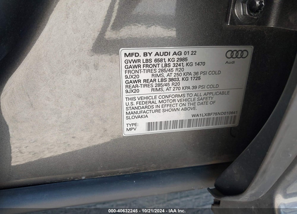 2022 AUDI Q7 PREMIUM PLUS 55 TFSI QUATTRO TIPTRONIC VIN: WA1LXBF75ND010641
