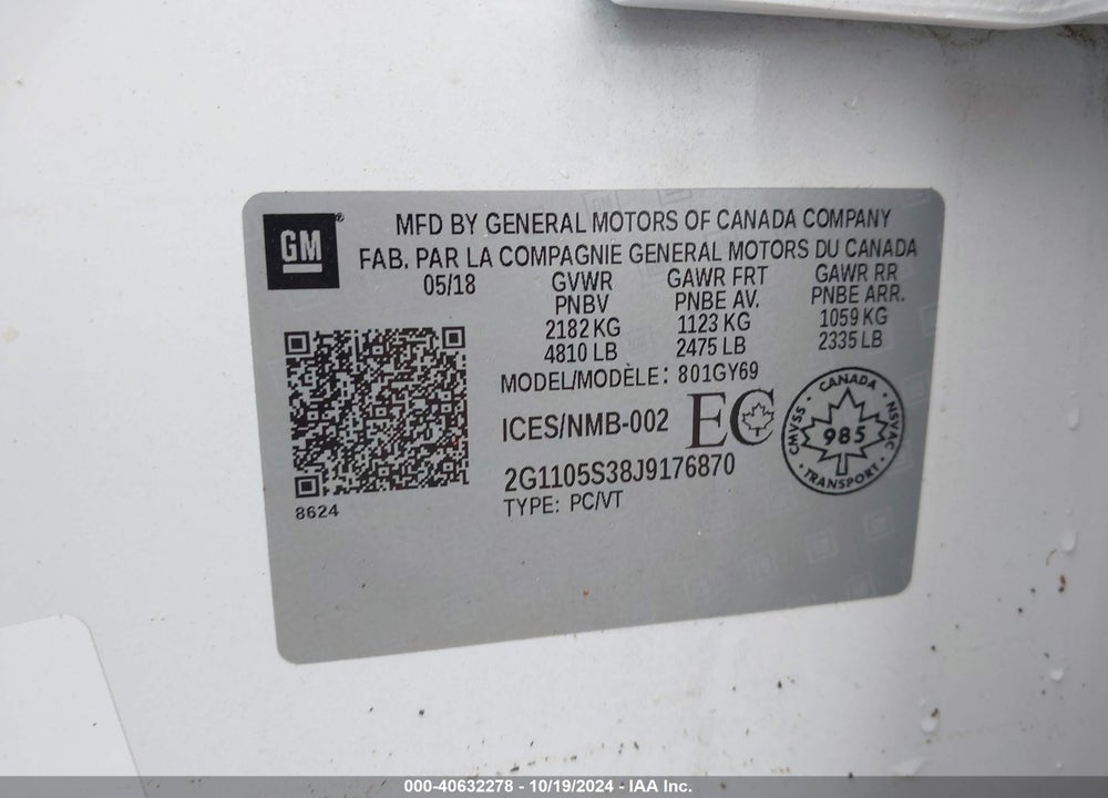 2018 CHEVROLET IMPALA 1LT VIN: 2G1105S38J9176870
